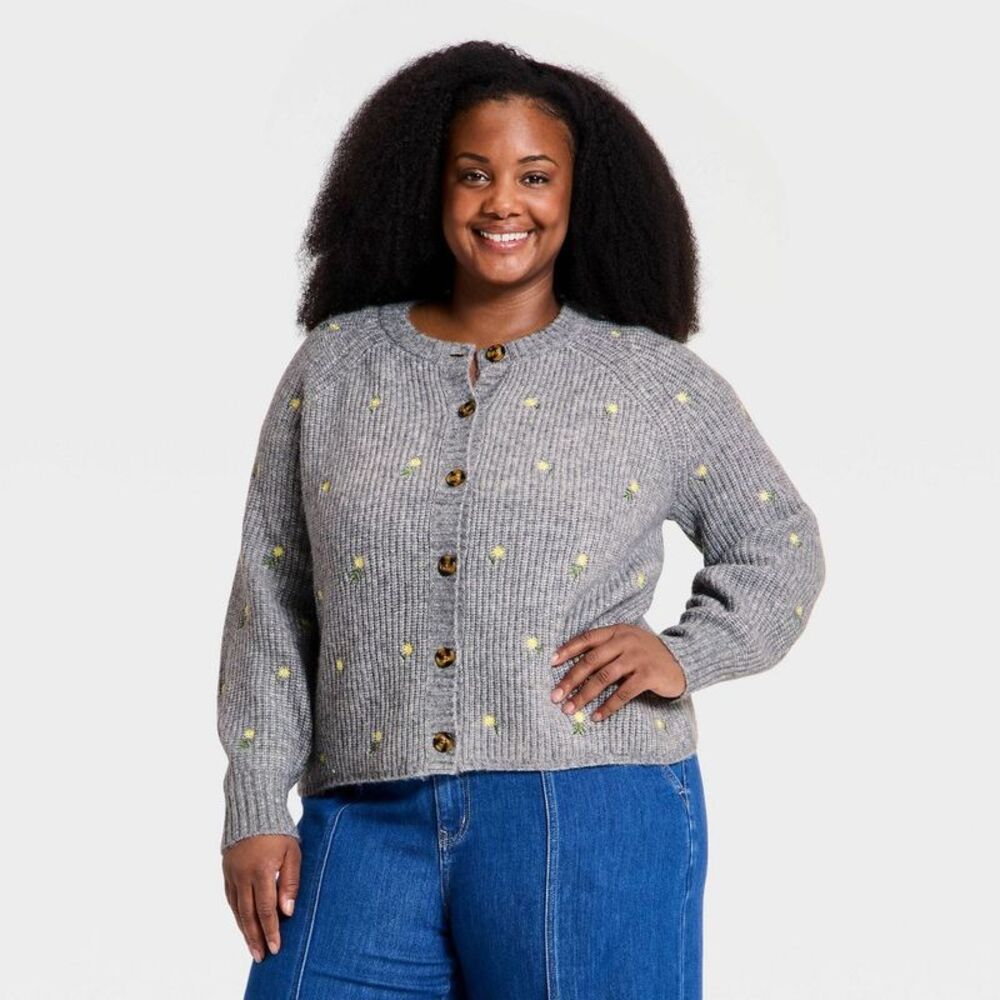 Women's Crewneck Shaker Stitch Sweater Cardigan - Ava & Viv Gray Floral 4X